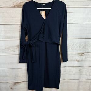 BTFBM Blue Ribbed Surplice Neckline Long Sleeve Mini Dress Size Large